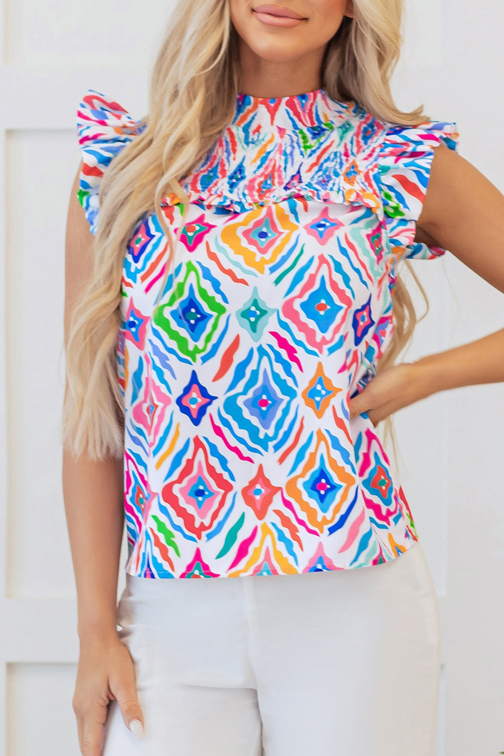 Light Blue Geometric Flutter Sleeve Blouse LT