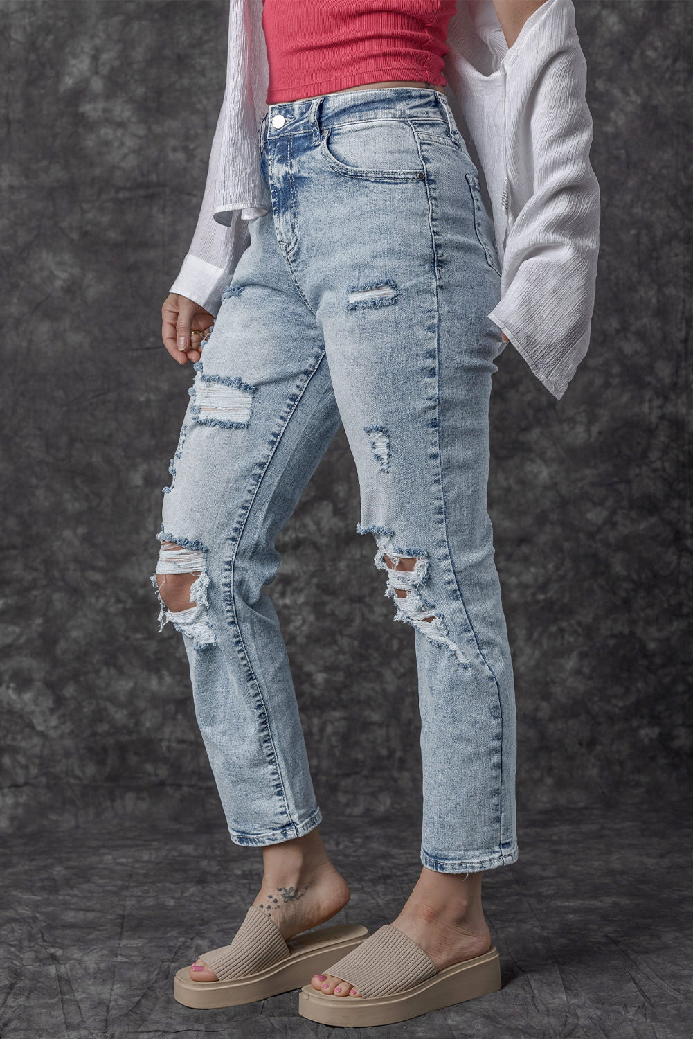 Sky Blue Light Wash Frayed Denim Jeans LT