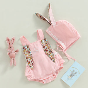 RTS: Linen Bunny Dress or Onesie Bunny Tail with Floral Removeable Ears-