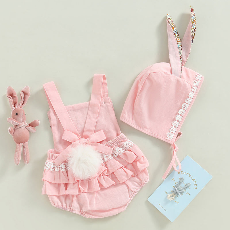 RTS: Linen Bunny Dress or Onesie Bunny Tail with Floral Removeable Ears-