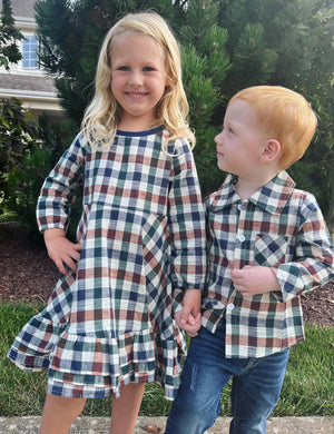 RTS: Plaid girls dress or Plaid Boys shirt