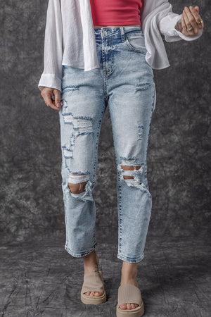 Sky Blue Light Wash Frayed Denim Jeans LT