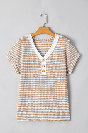 Khaki Striped Buttoned V Neck Top LT