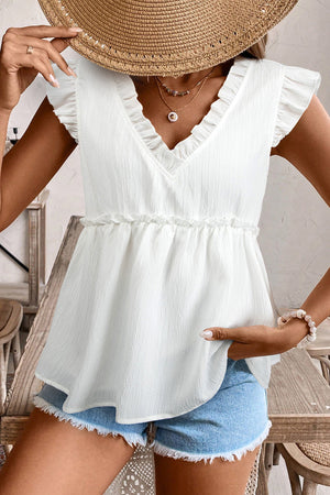 White Textured Ruffled Sleeve Top February.