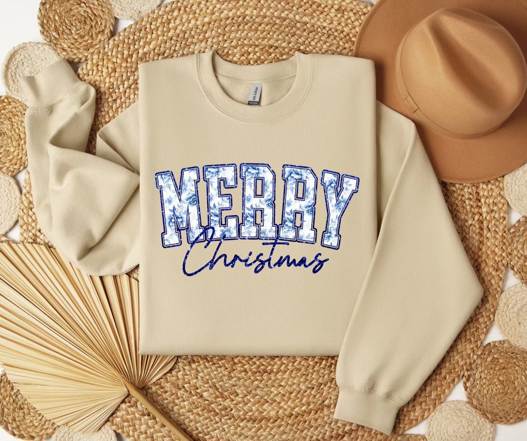 Blue Floral Merry Christmas SWEATSHIRT.