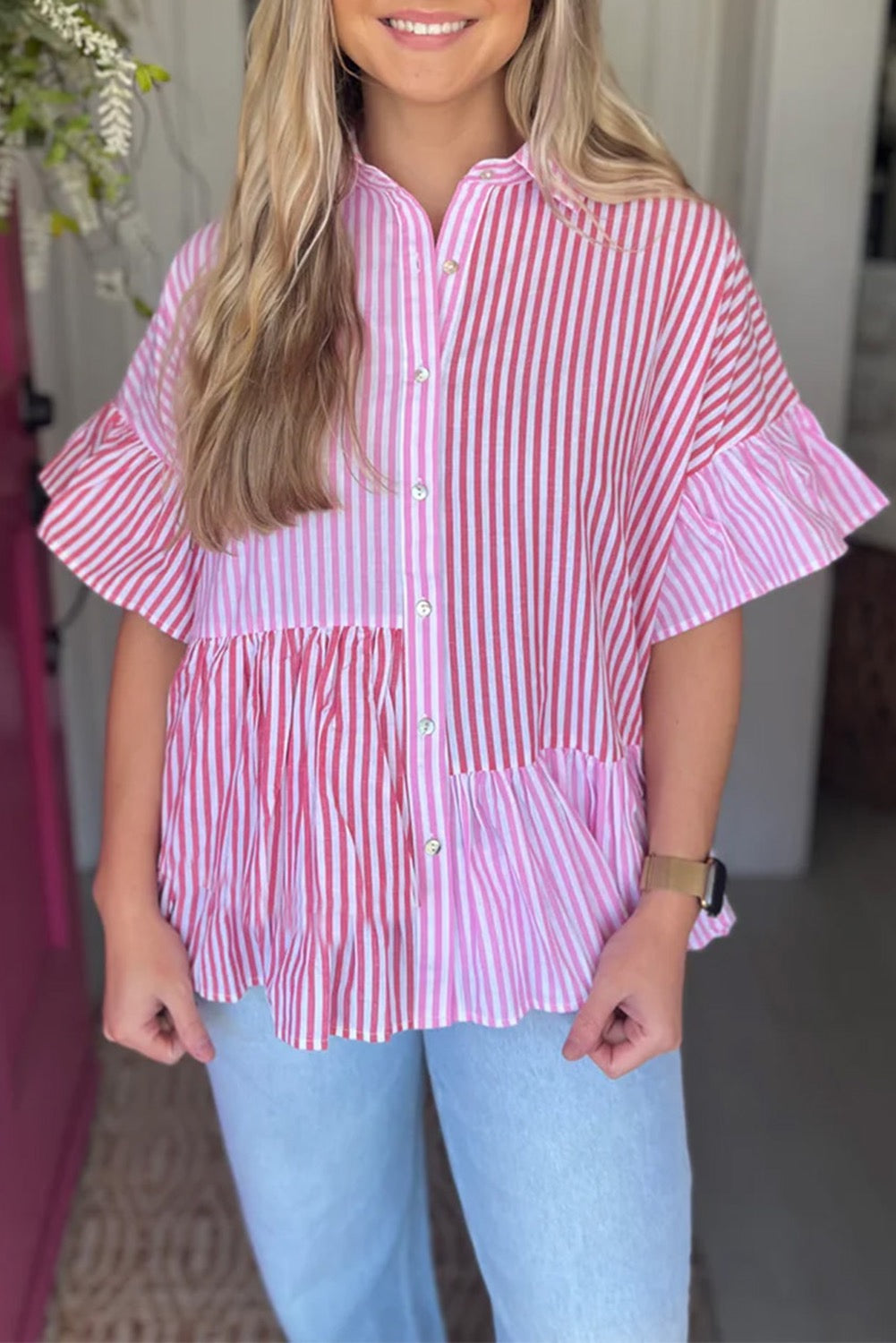 Pink Striped Ruffle Shirt February.