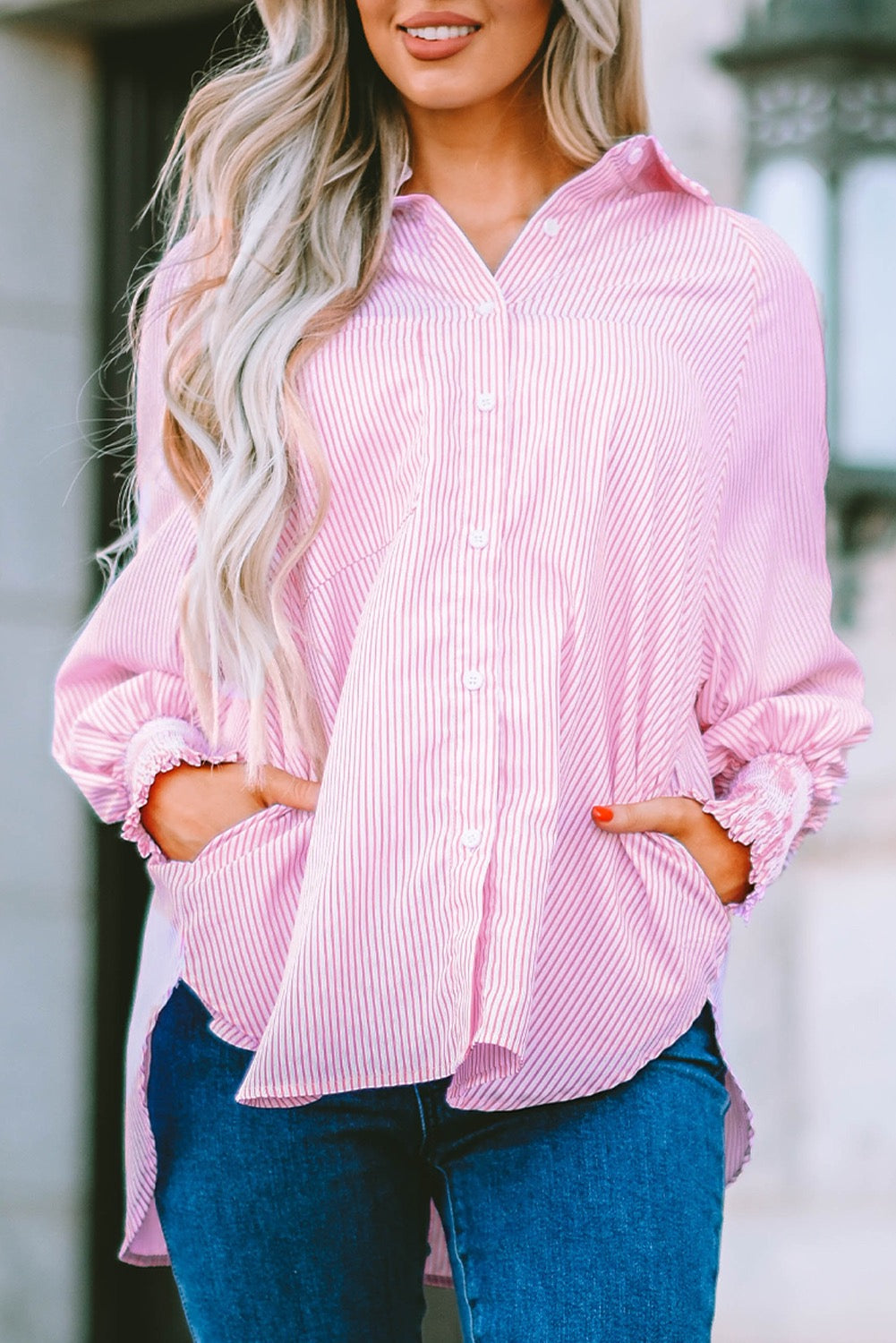 Pink Striped Button Blouse January.