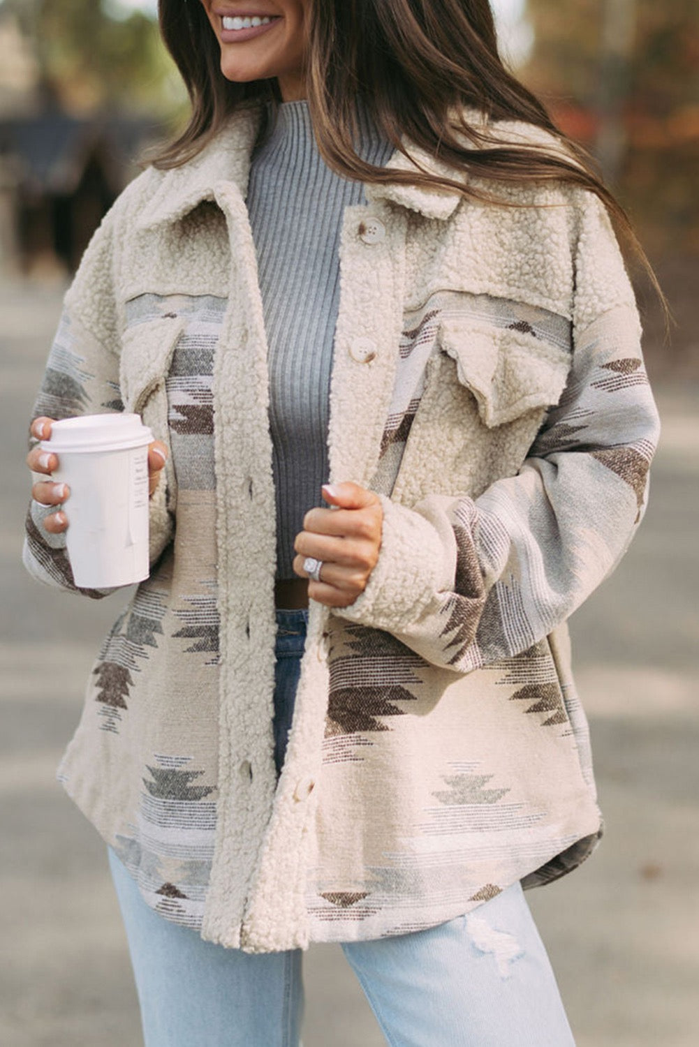 Khaki Aztec Sherpa Jacket January.