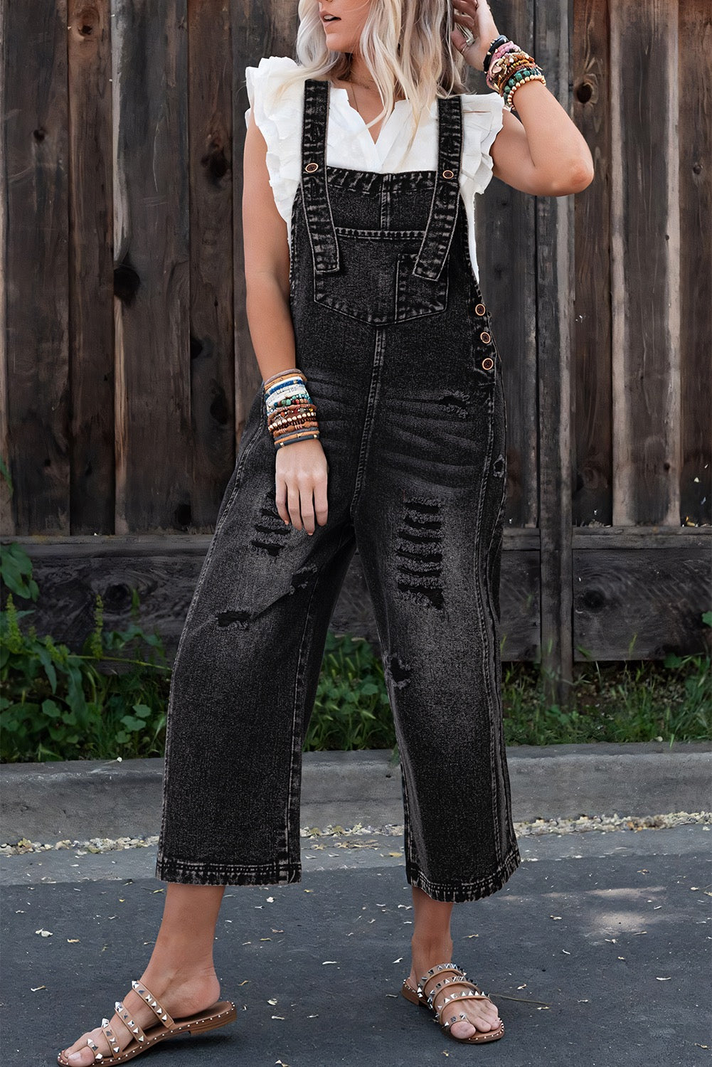 Black Distressed Overalls January.