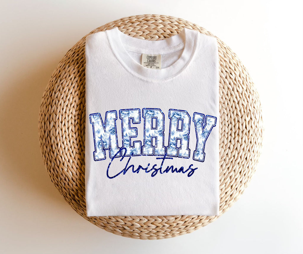 Blue Floral Merry Christmas TEE.