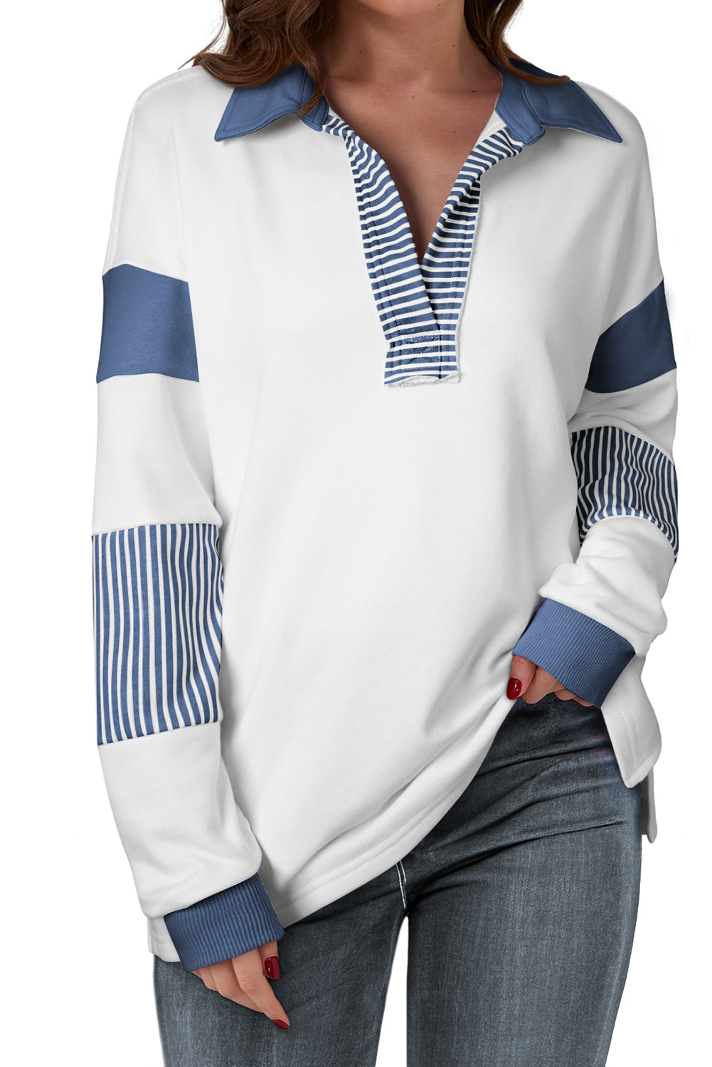 Blue Striped Collared Patchwork Sweatshirt LT