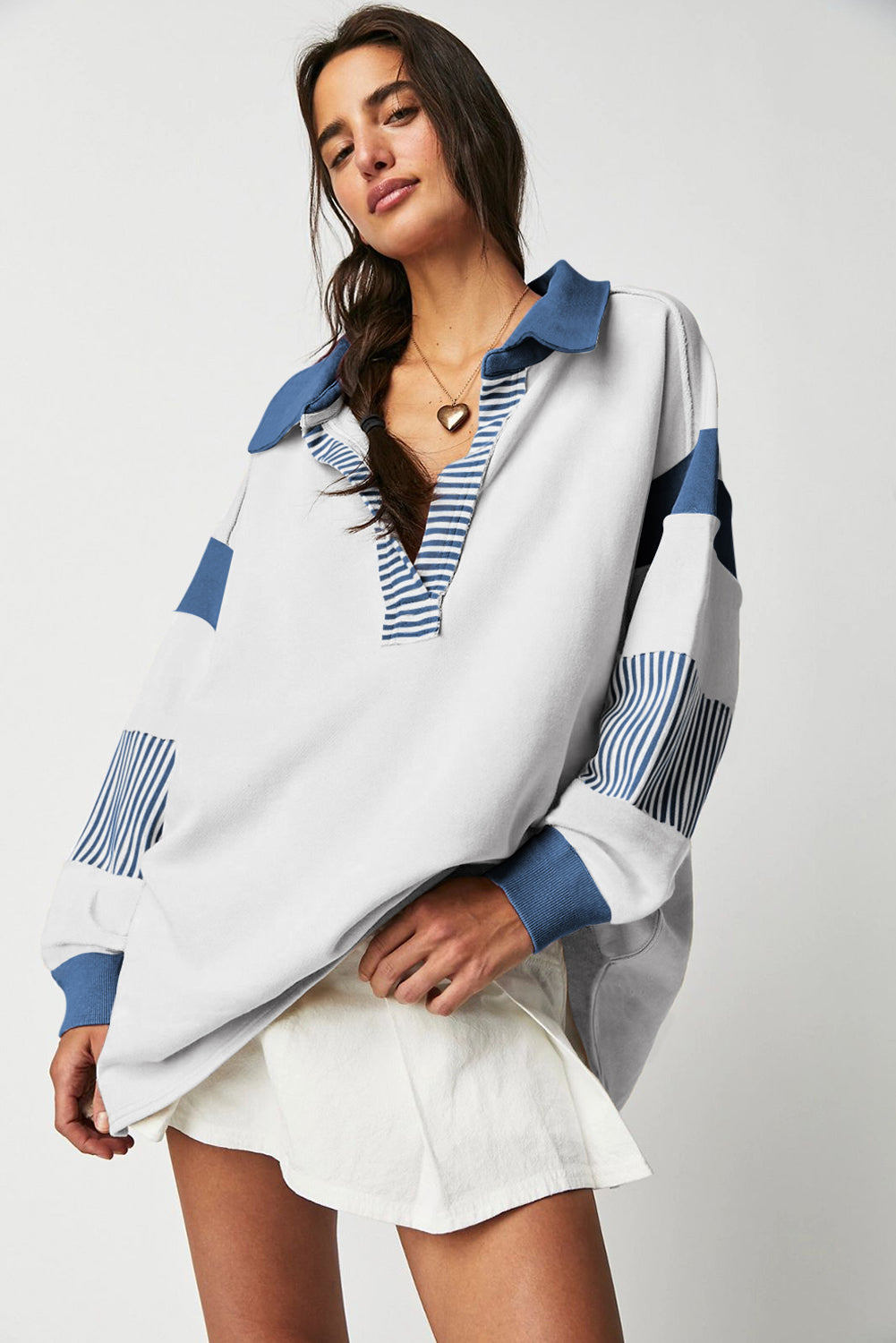 Blue Striped Collared Patchwork Sweatshirt LT