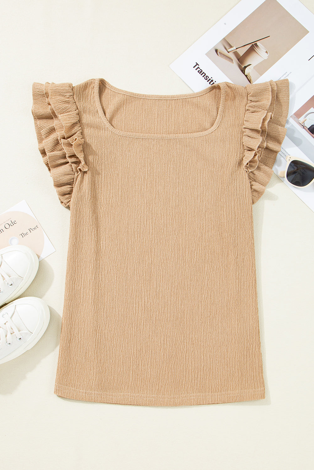 Khaki Tiered Ruffled Sleeve Textured Top LT